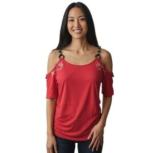 Vintage‎ 00's Y2K HARV Red Halter Top with Wooden Rings & Beaded Details L